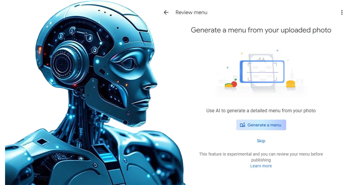 Google Business Profile AI menu tool interface