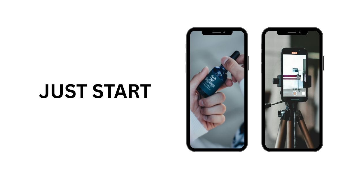 Start text beside two mobile mockups, one shows a product photo, the other shows a phone camera recording a UGC video.