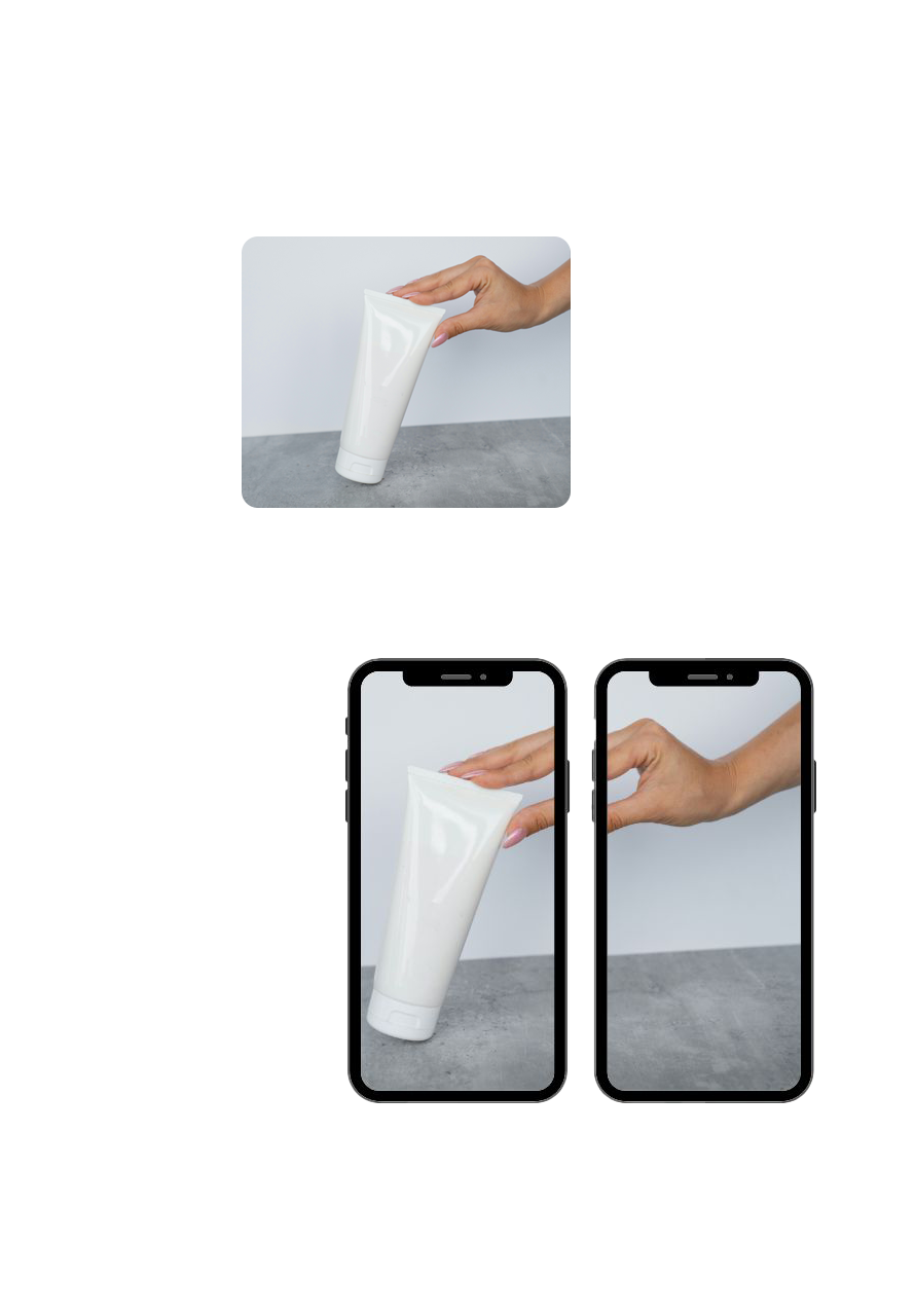 Two smartphone mockups showing a product photo and a live phone camera recording a UGC video beside start text.