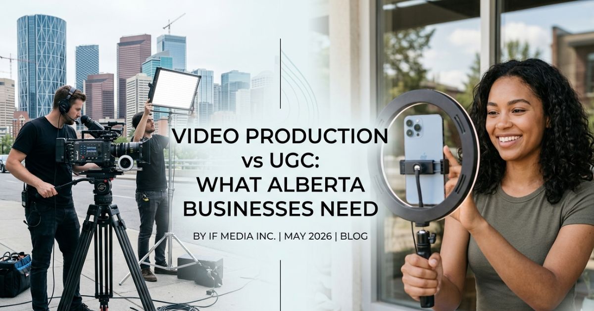 Side-by-side comparison of professional video production and UGC creator filming for an Alberta business