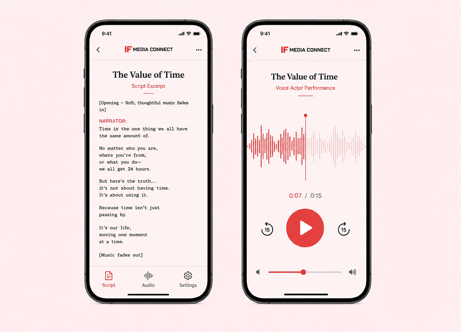 Phone screens showing a voice over script and an audio waveform mid-playback