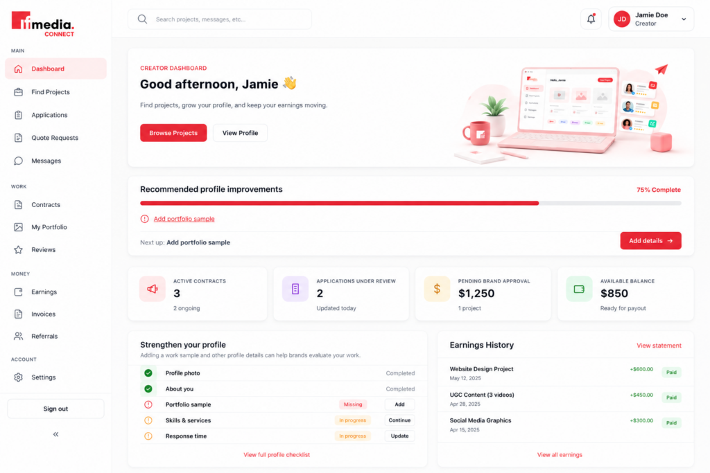 IF Media Connect creator dashboard for managing projects, profile, applications and earnings