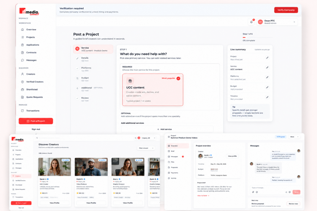 IF Media Connect dashboard for posting projects, finding creative talent and managing creative work in Canada